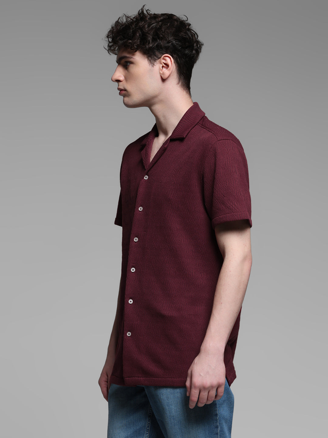 Men's Burgundy Textured Resort Collar Relaxed Fit Shirt