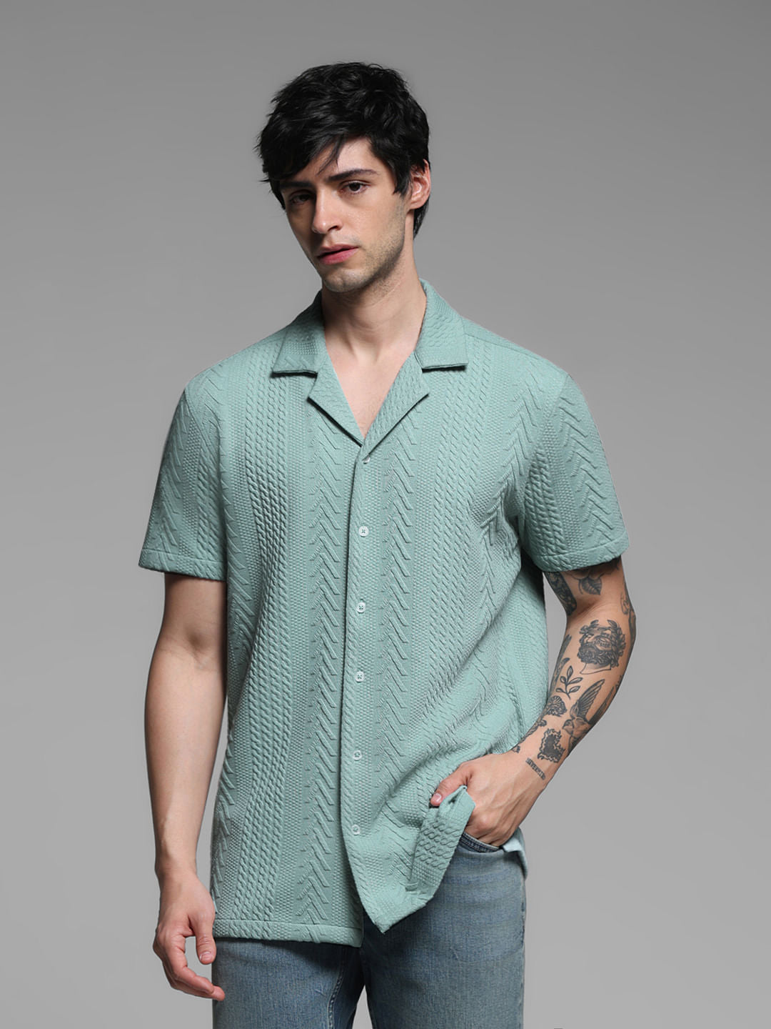 Green Textured Short Sleeves Shirt