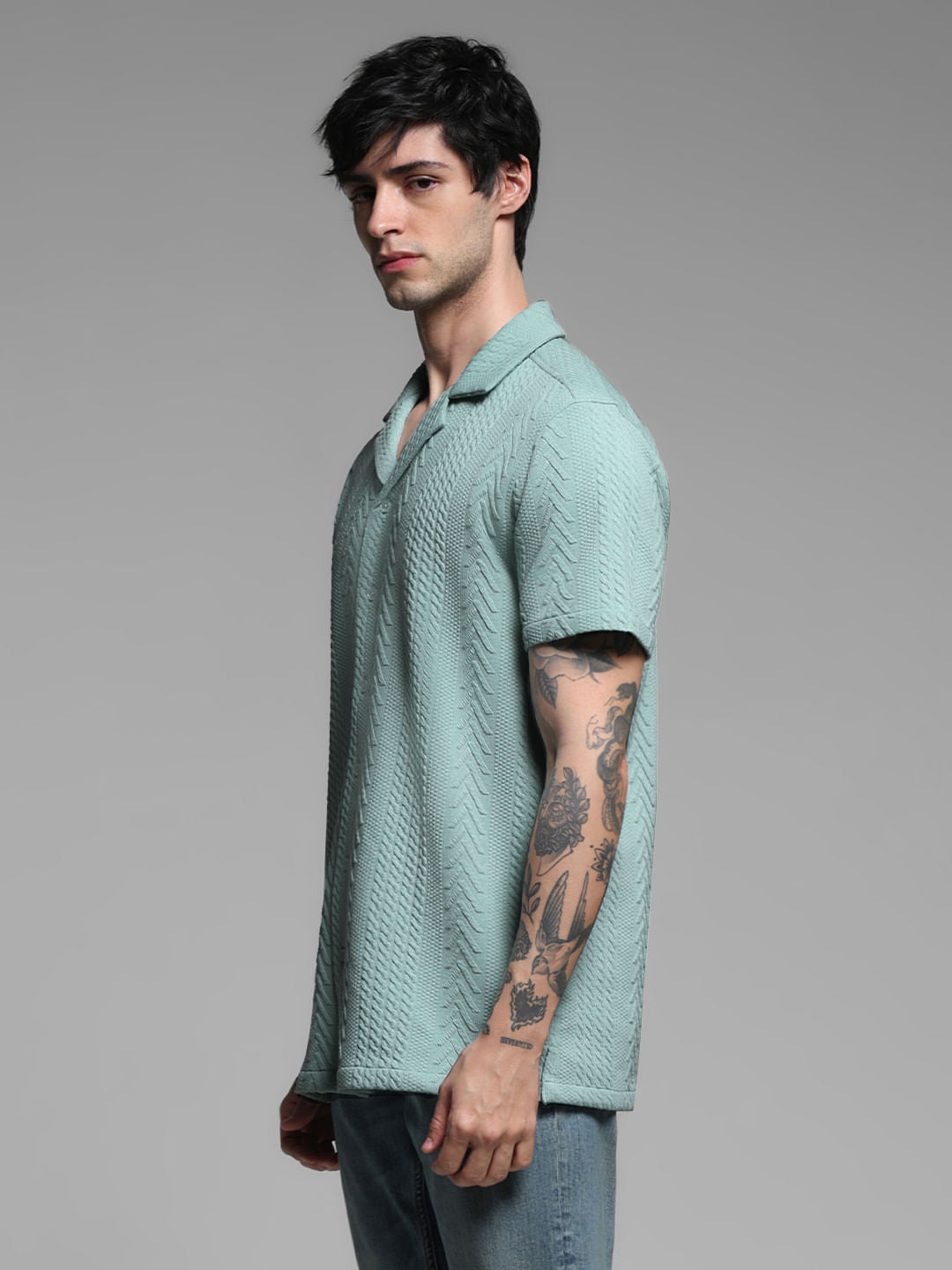 Green Textured Short Sleeves Shirt