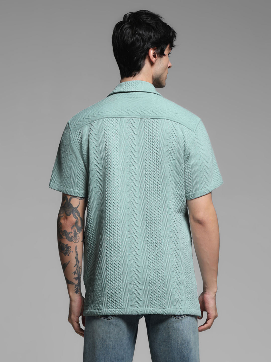 Green Textured Short Sleeves Shirt