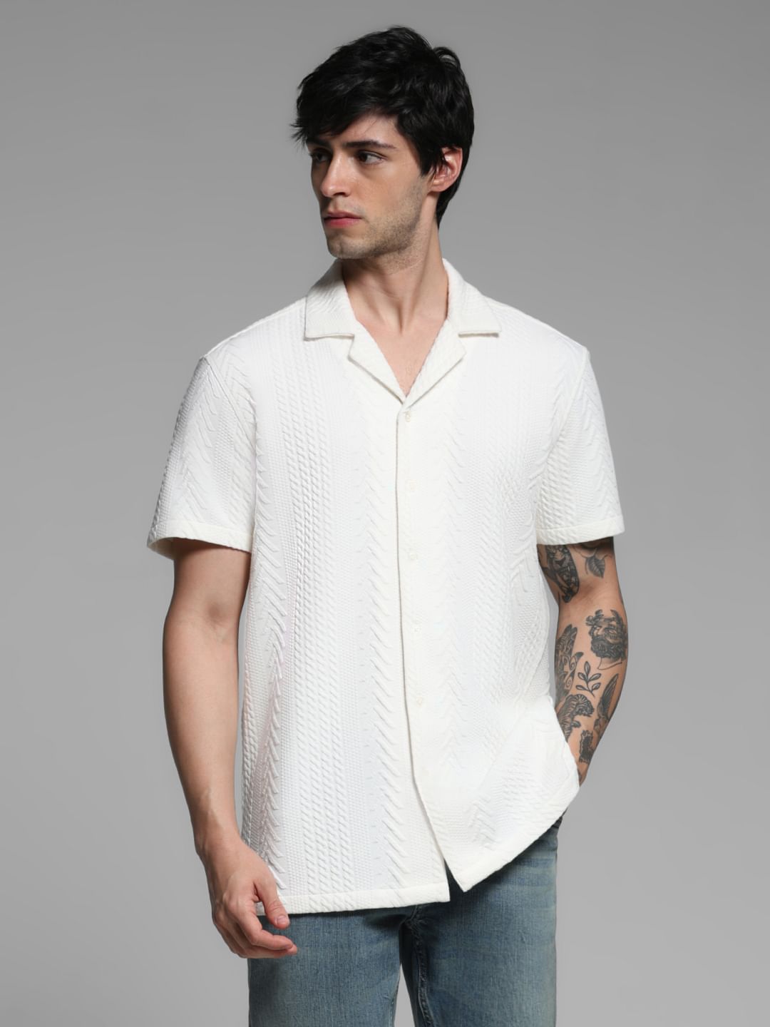 White Textured Short Sleeves Shirt