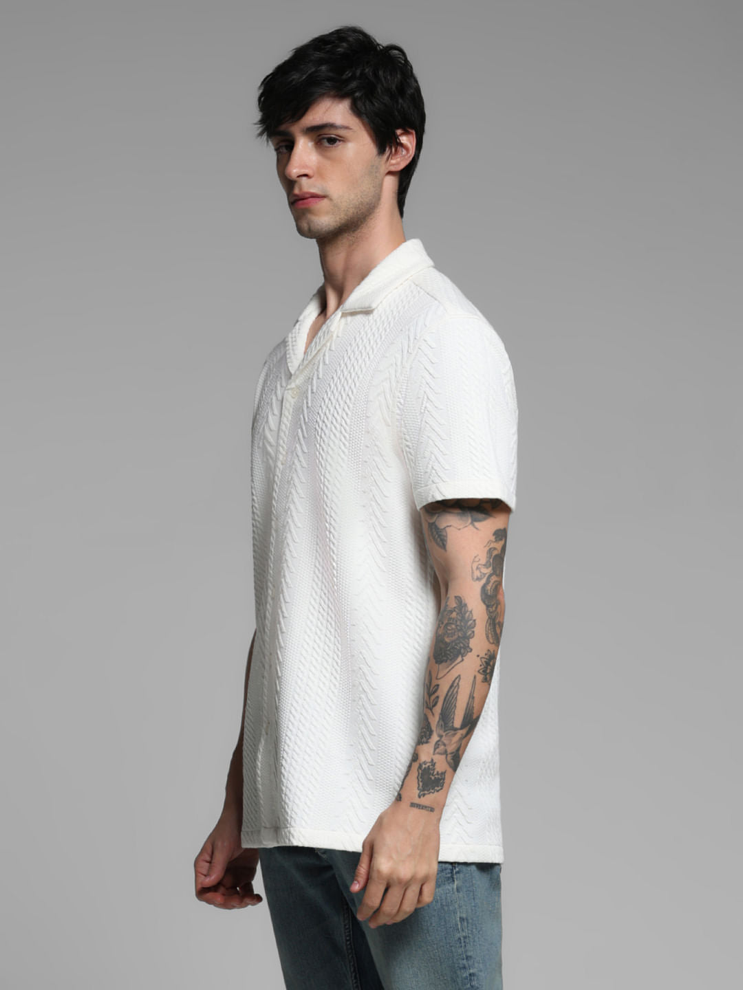 White Textured Short Sleeves Shirt