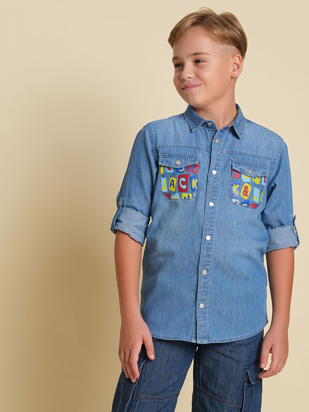 Boys Blue Printed Pockets Denim Shirt