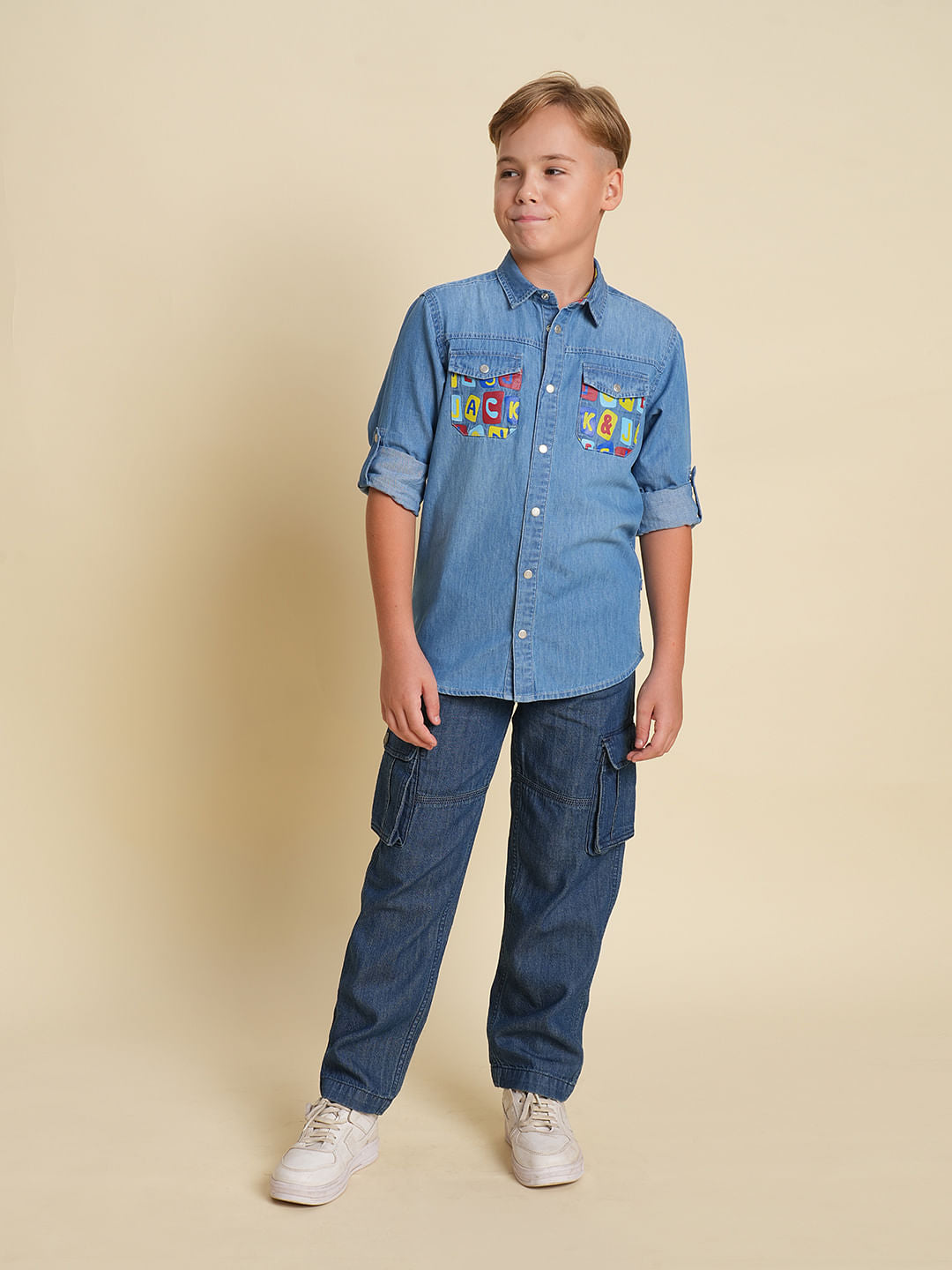 Boys Blue Printed Pockets Denim Shirt