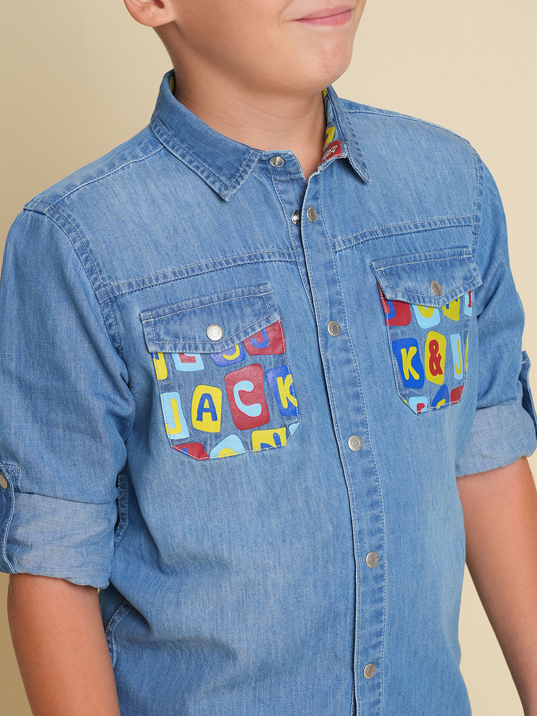 Boys Blue Printed Pockets Denim Shirt