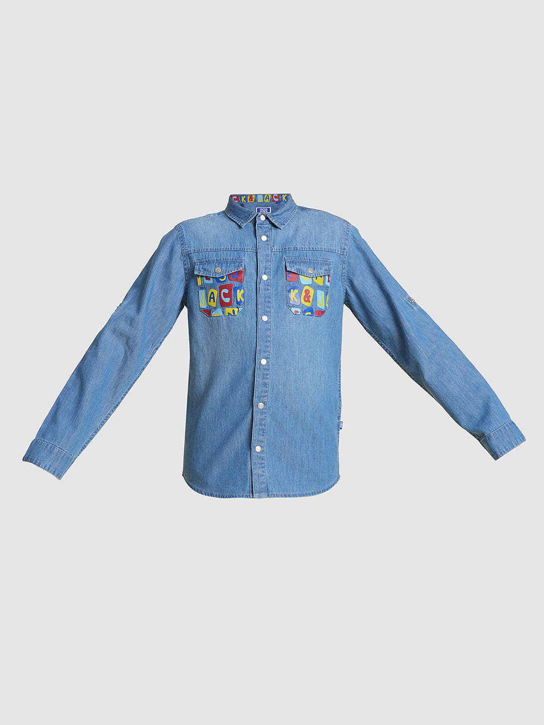 Boys Blue Printed Pockets Denim Shirt
