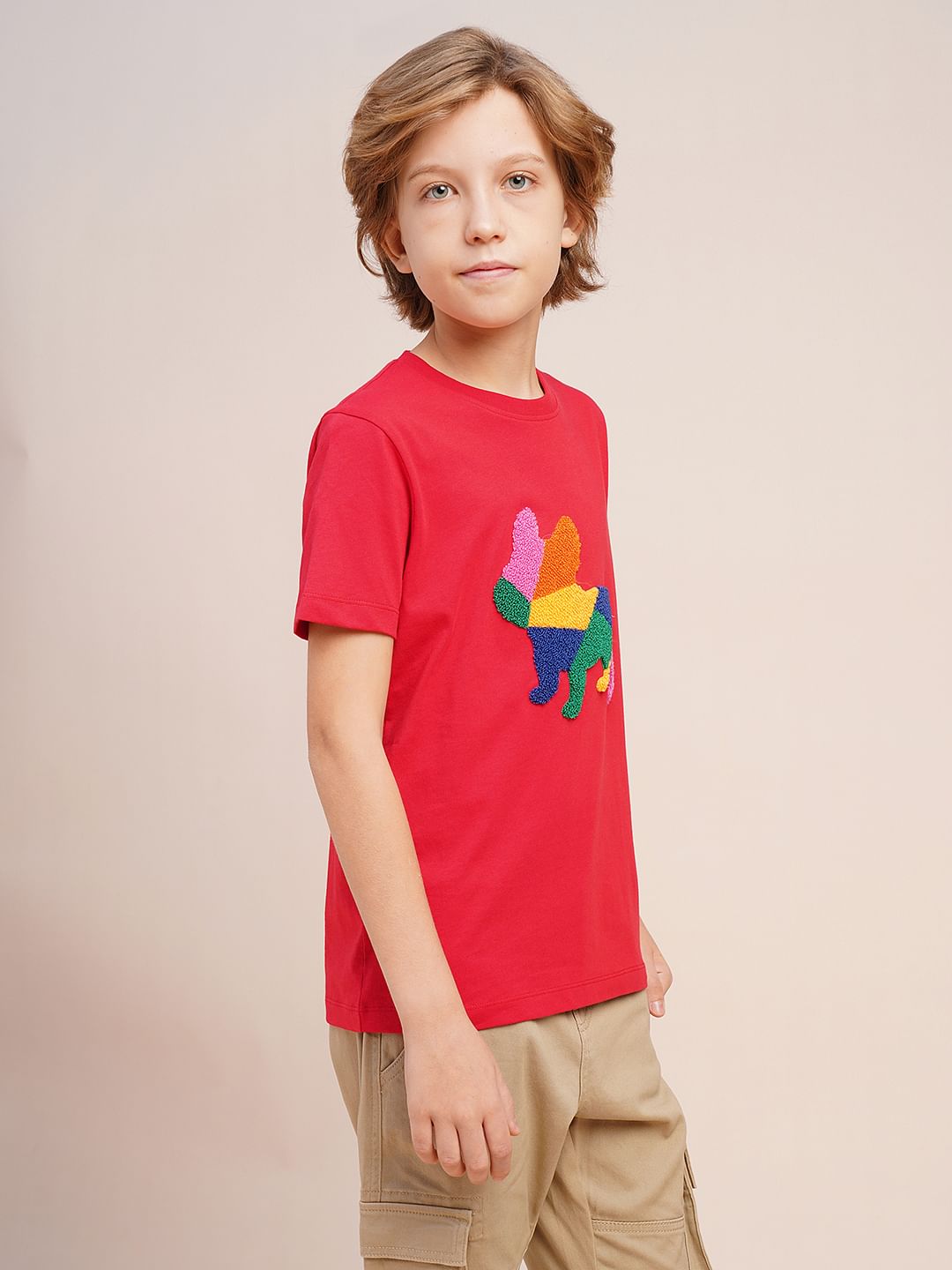 Boys Red Embroidered Doggo Print T-shirt