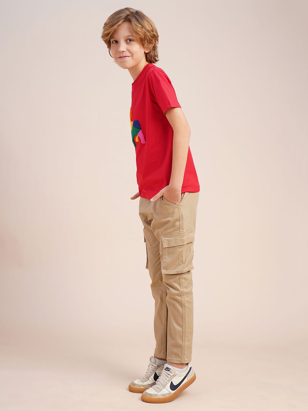 Boys Red Embroidered Doggo Print T-shirt