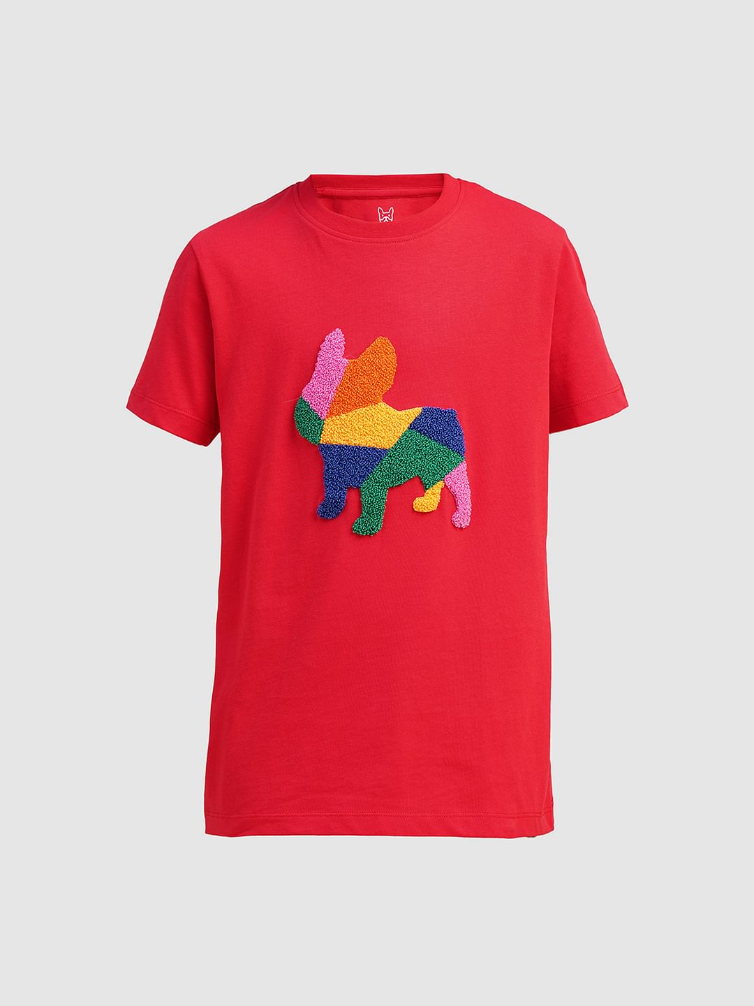 Boys Red Embroidered Doggo Print T-shirt
