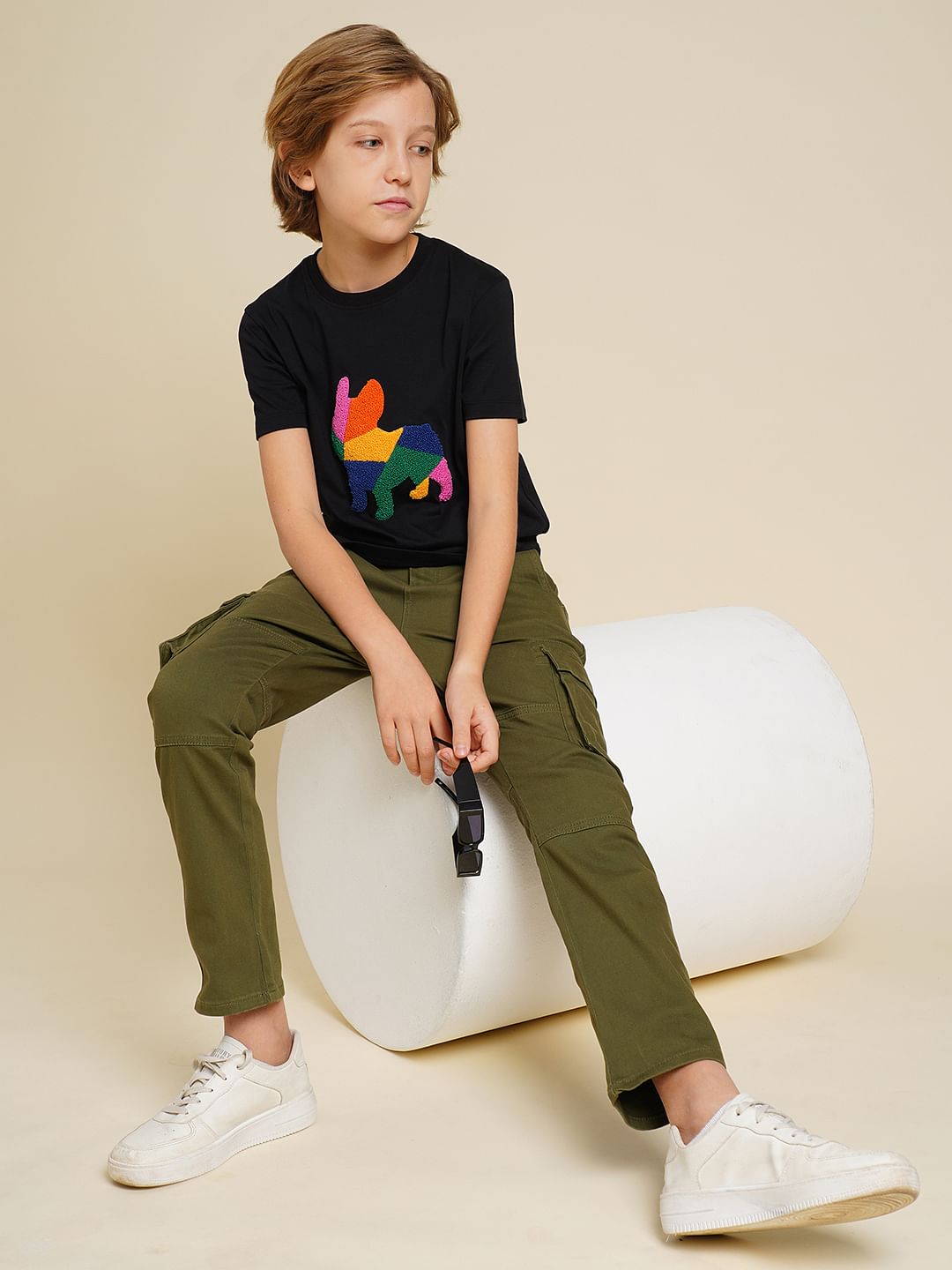 Boys Black Embroidered Doggo Print T-shirt