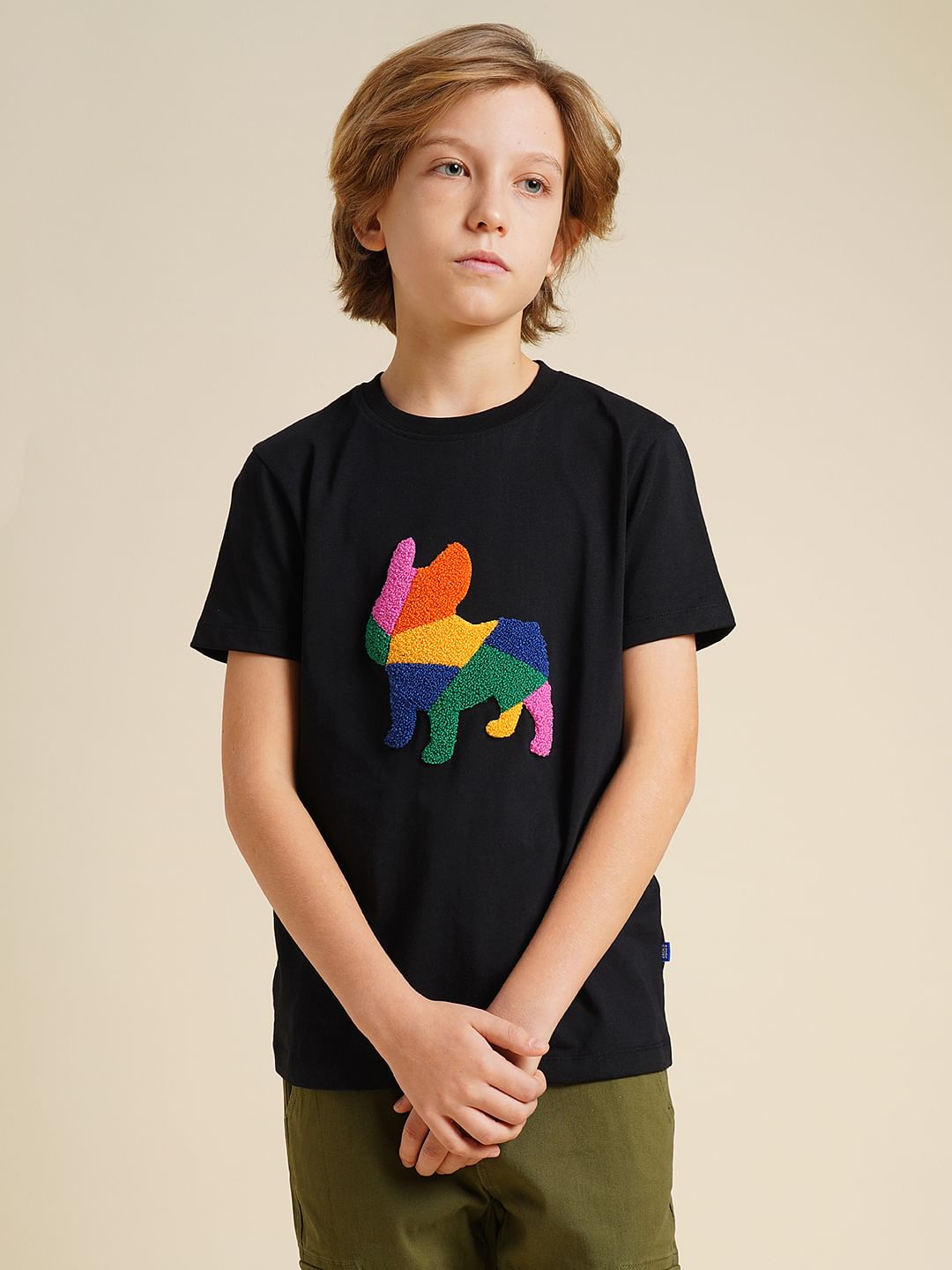 Boys Black Embroidered Doggo Print T-shirt