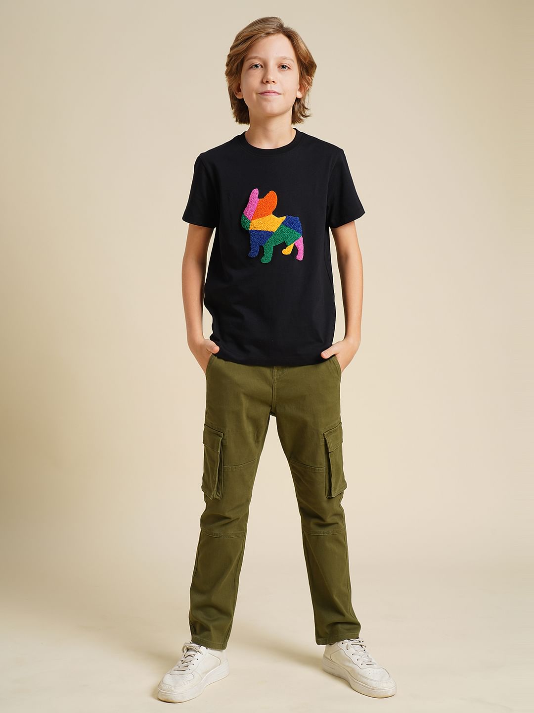 Boys Black Embroidered Doggo Print T-shirt