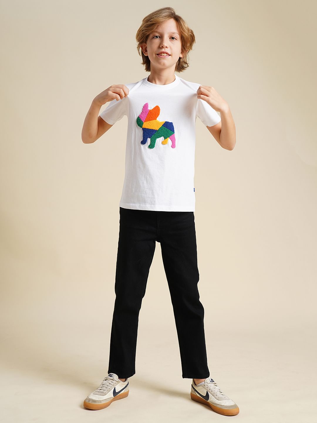 Boys White Embroidered Doggo Print T-shirt