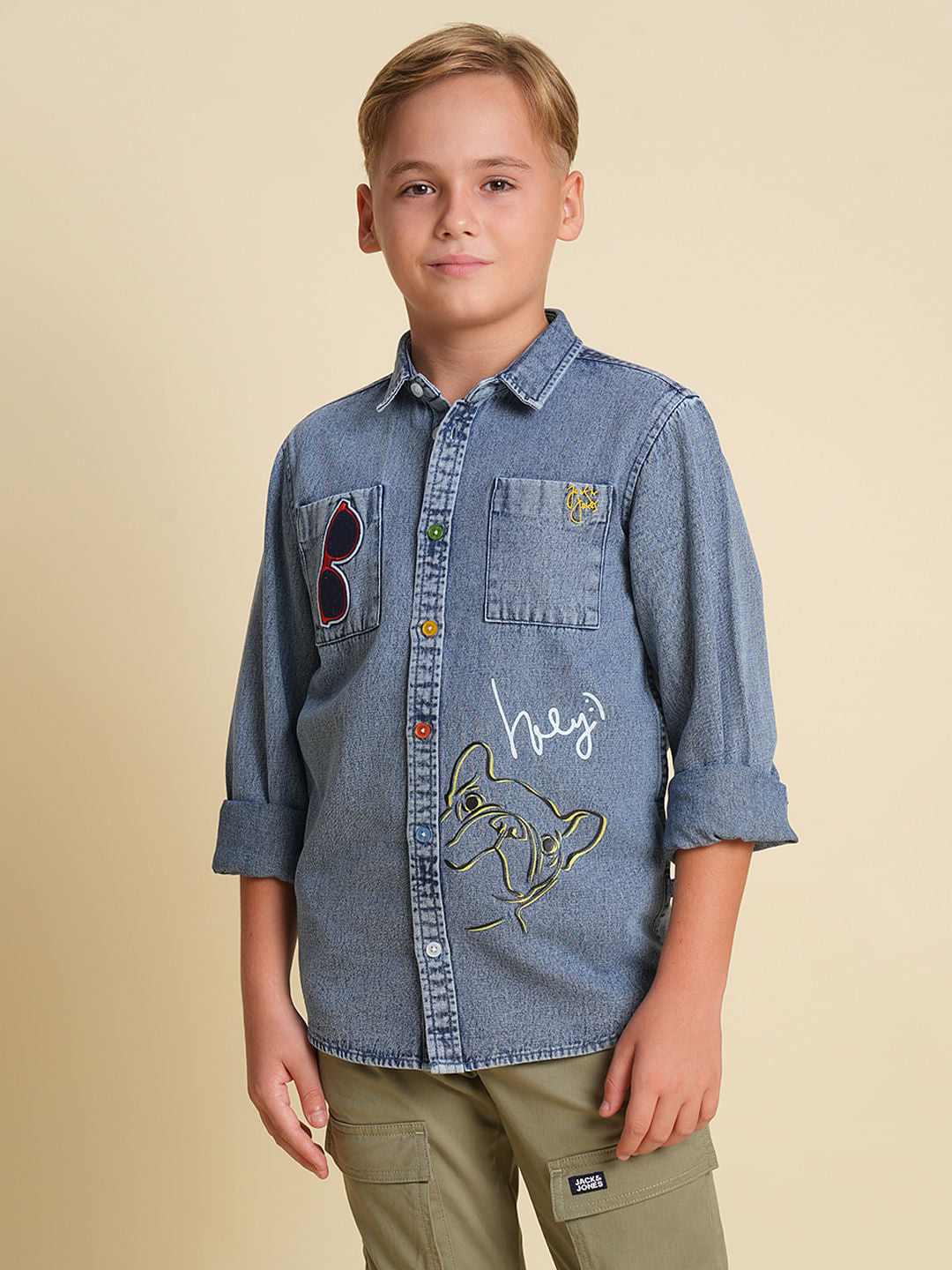 Boys Blue Printed Denim Shirt