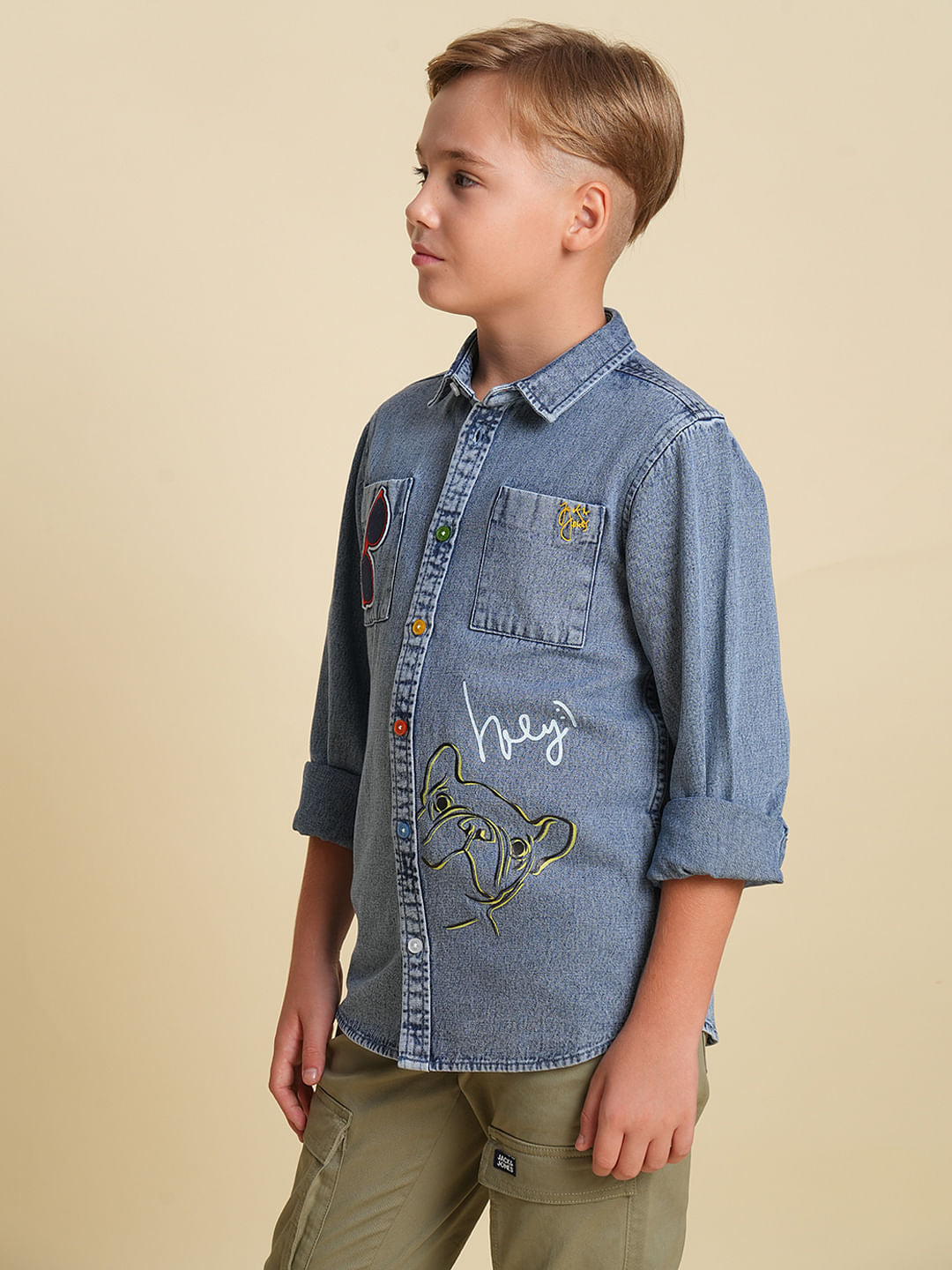Boys Blue Printed Denim Shirt