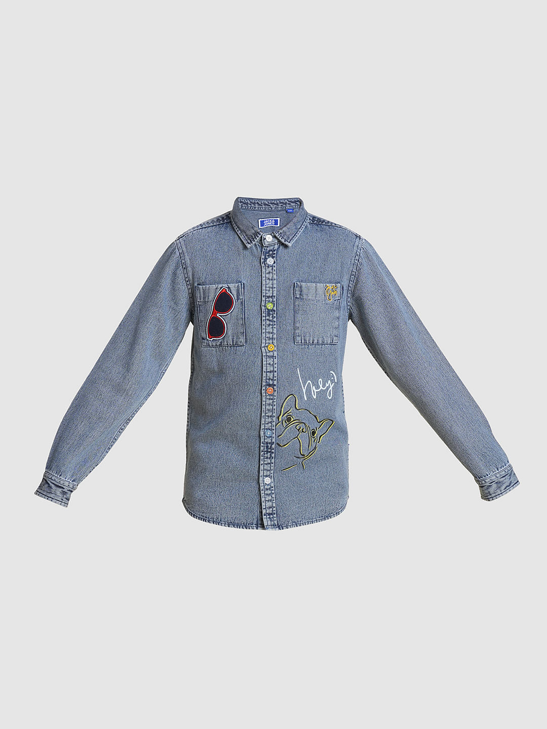 Boys Blue Printed Denim Shirt