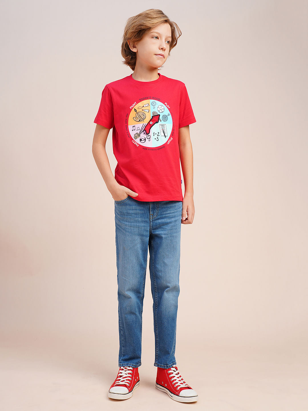 Boys Red Graphic Print Cotton T-shirt