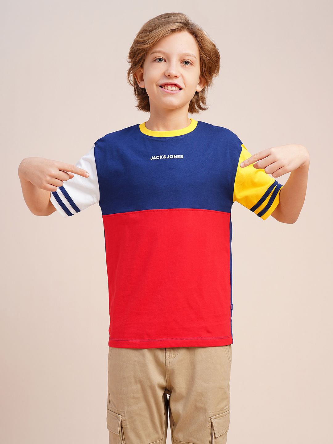Boys Red Colourblocked Cotton T-shirt