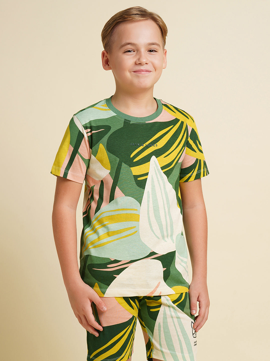 JACK&JONES JUNIOR Boys Green Tropical Print Co-ord Set T-shirt