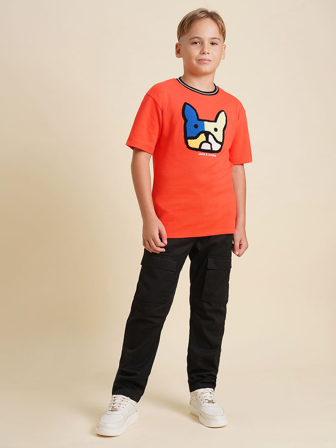 Boys Red Embroidered Doggo Print T-shirt