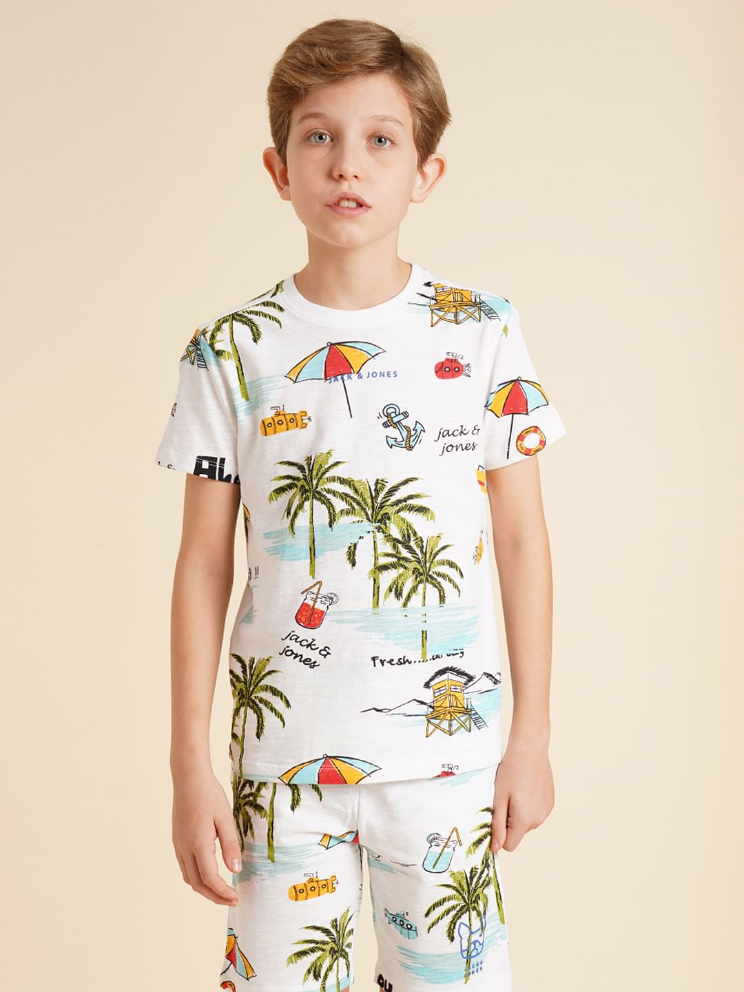 Boys White Printed Co-ord Set T-Shirt