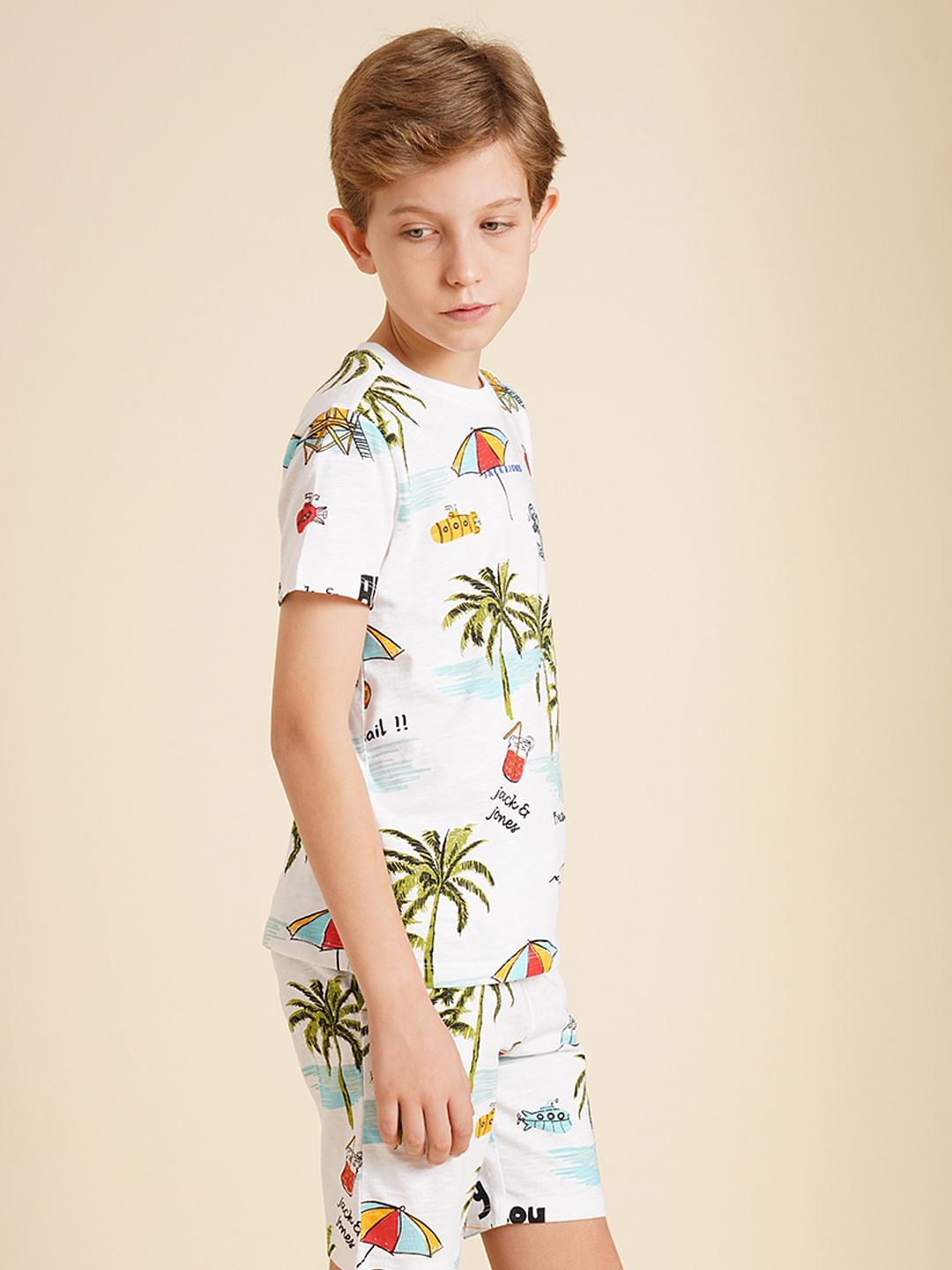 Boys White Printed Co-ord Set T-Shirt