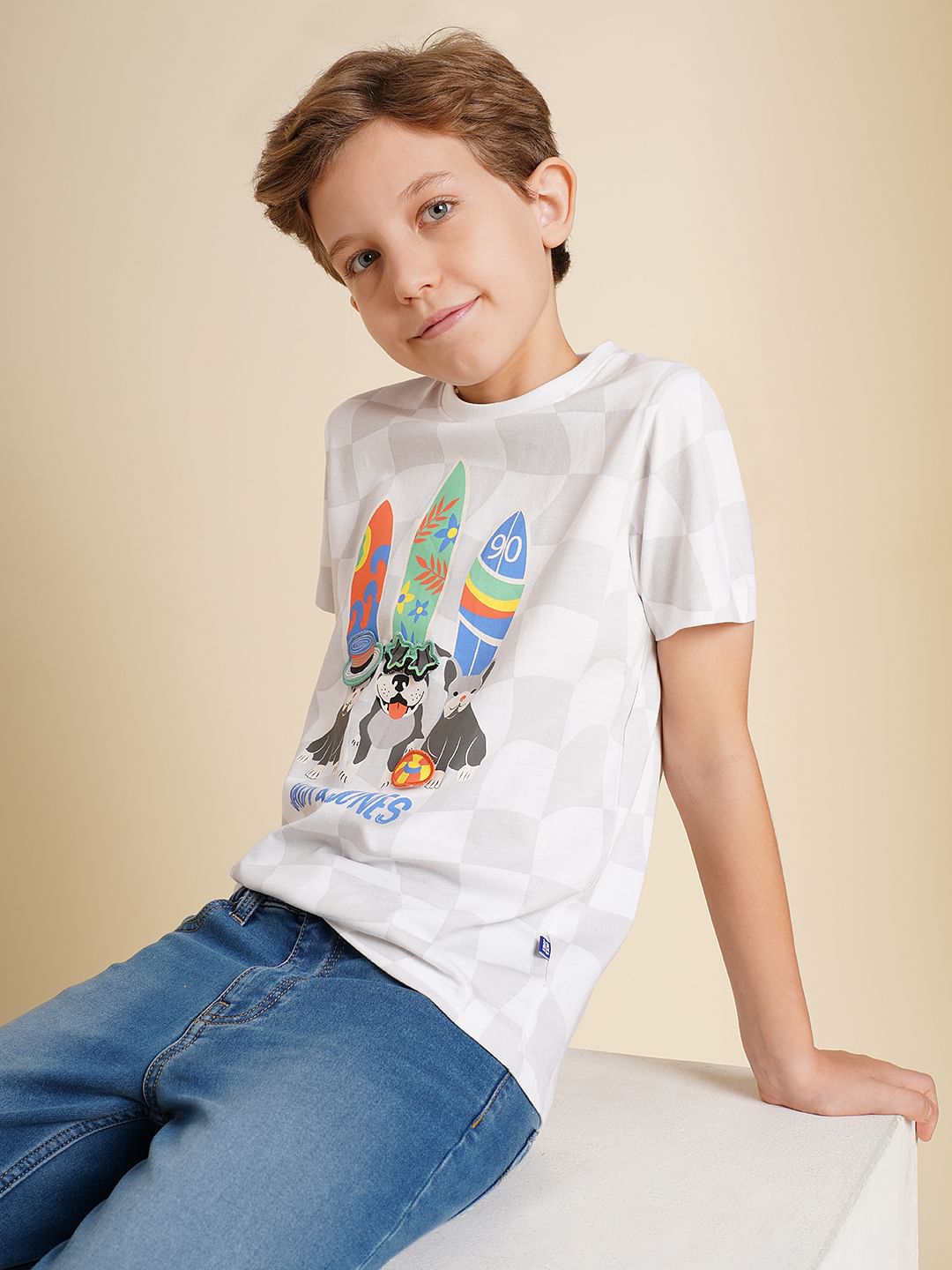 Boys White Interactive Check Print T-shirt