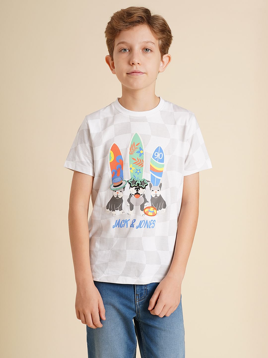 Boys White Interactive Check Print T-shirt