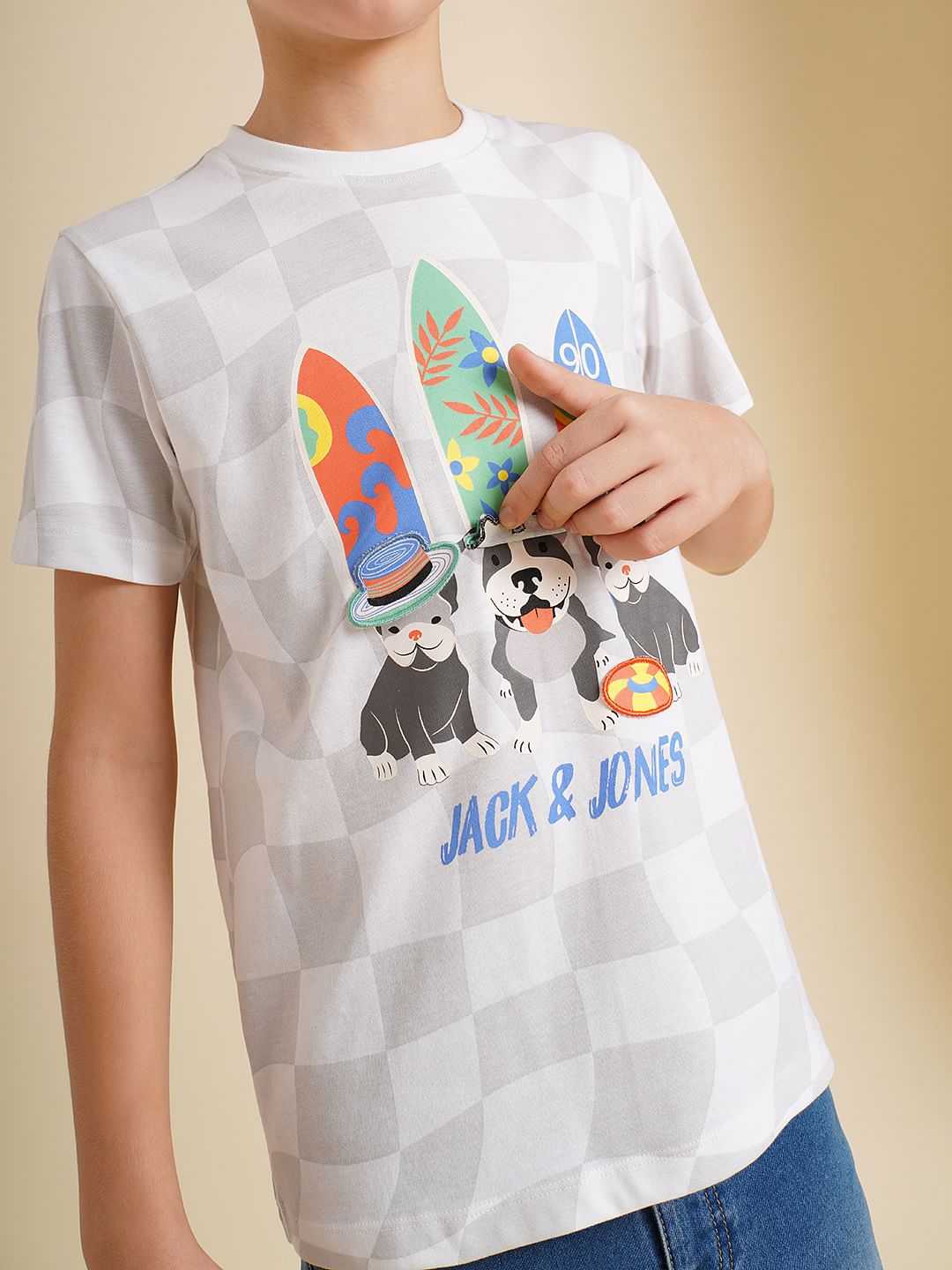 Boys White Interactive Check Print T-shirt