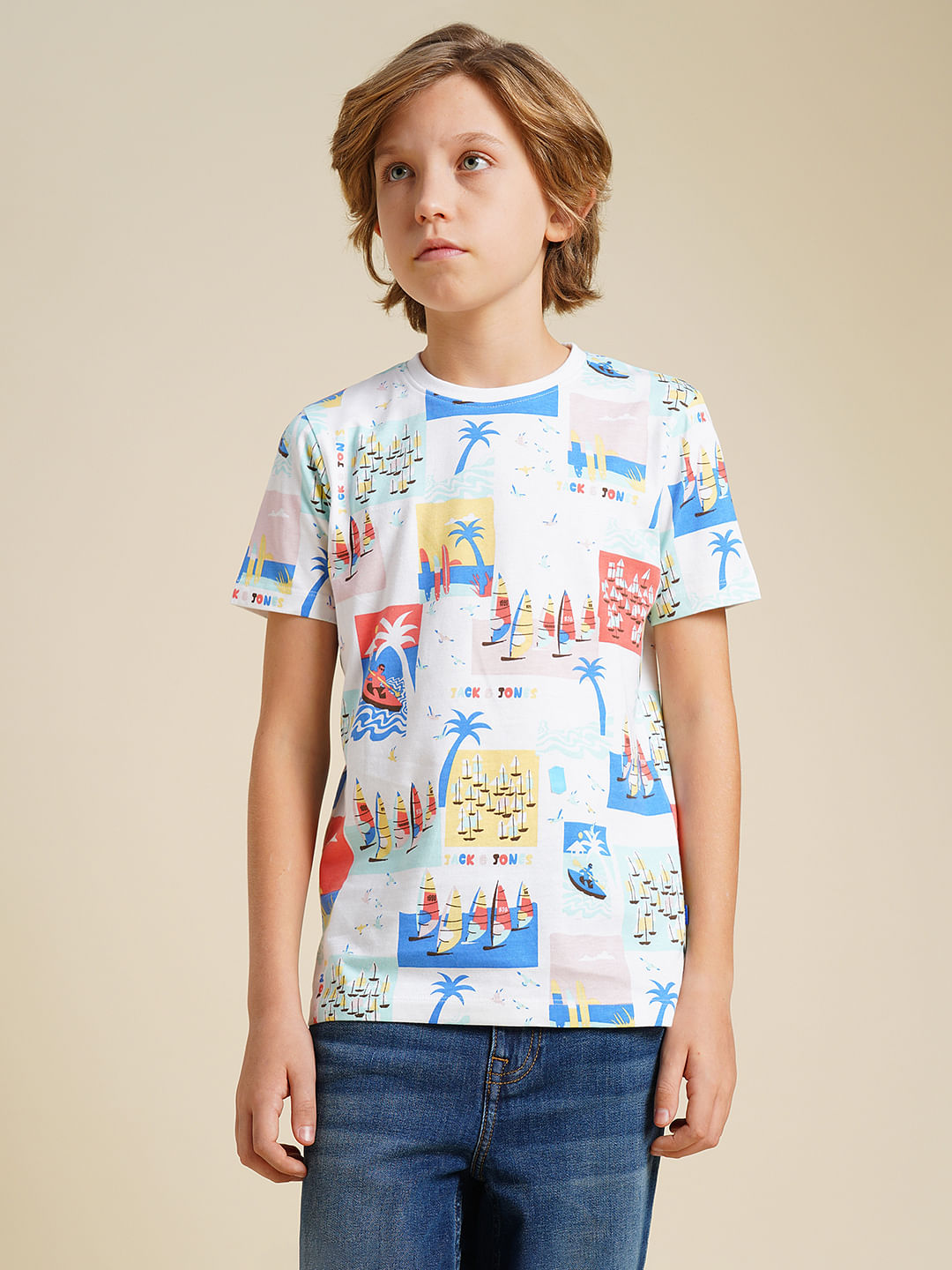 Boys White Sail Fest Print T-shirt