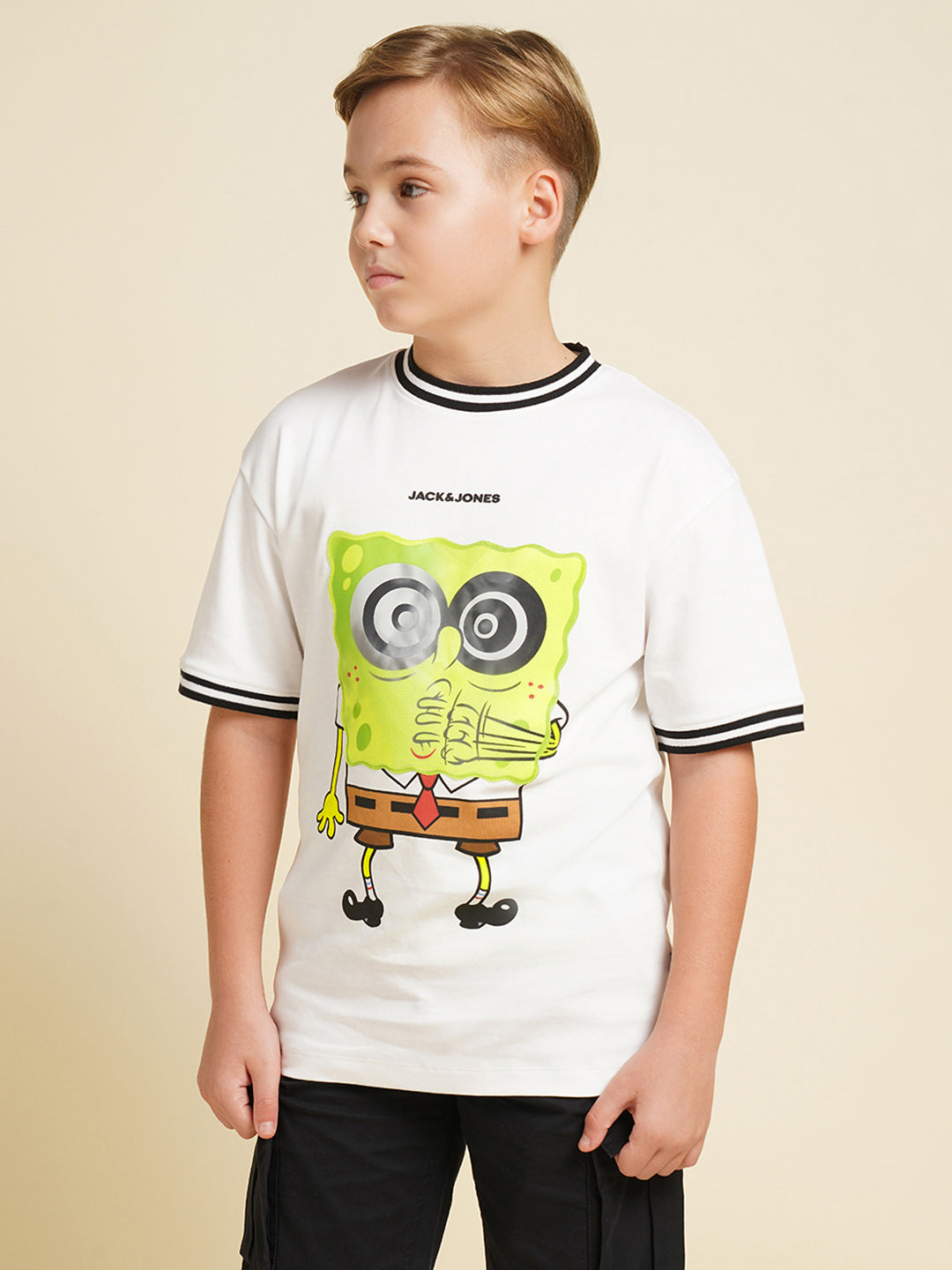 Boys Cotton Graphic Print T-Shirt With Ribbed Sleeves - White