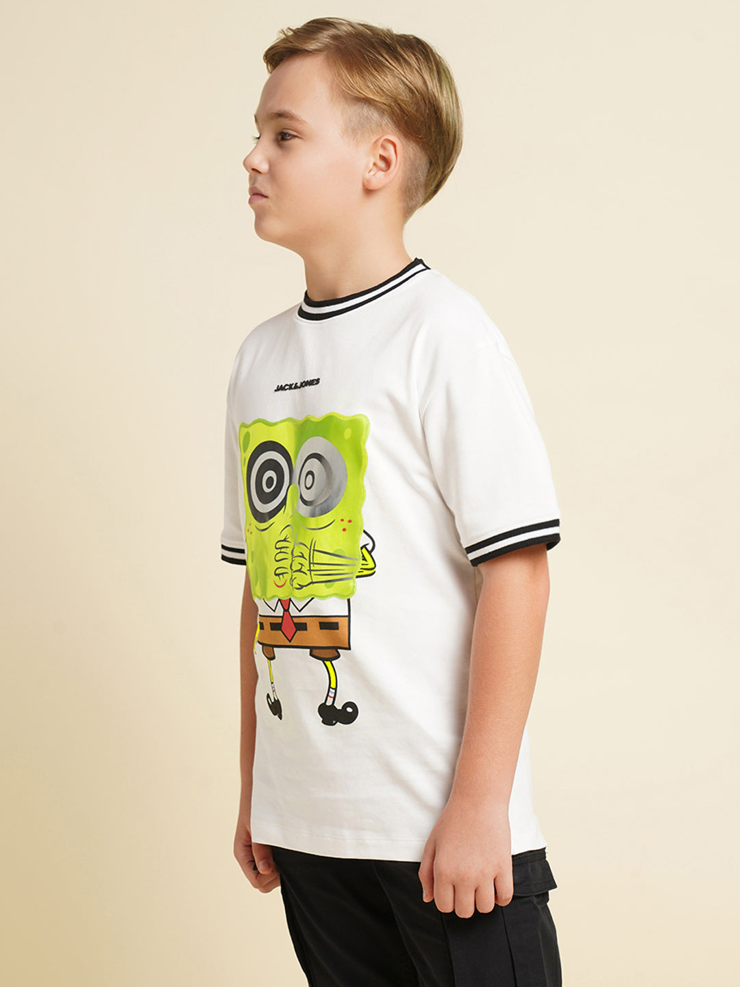 Boys Cotton Graphic Print T-Shirt With Ribbed Sleeves - White