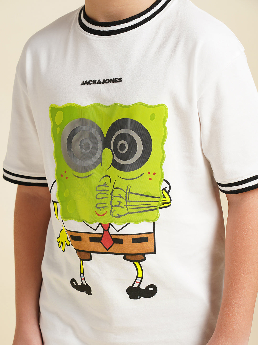 Boys Cotton Graphic Print T-Shirt With Ribbed Sleeves - White