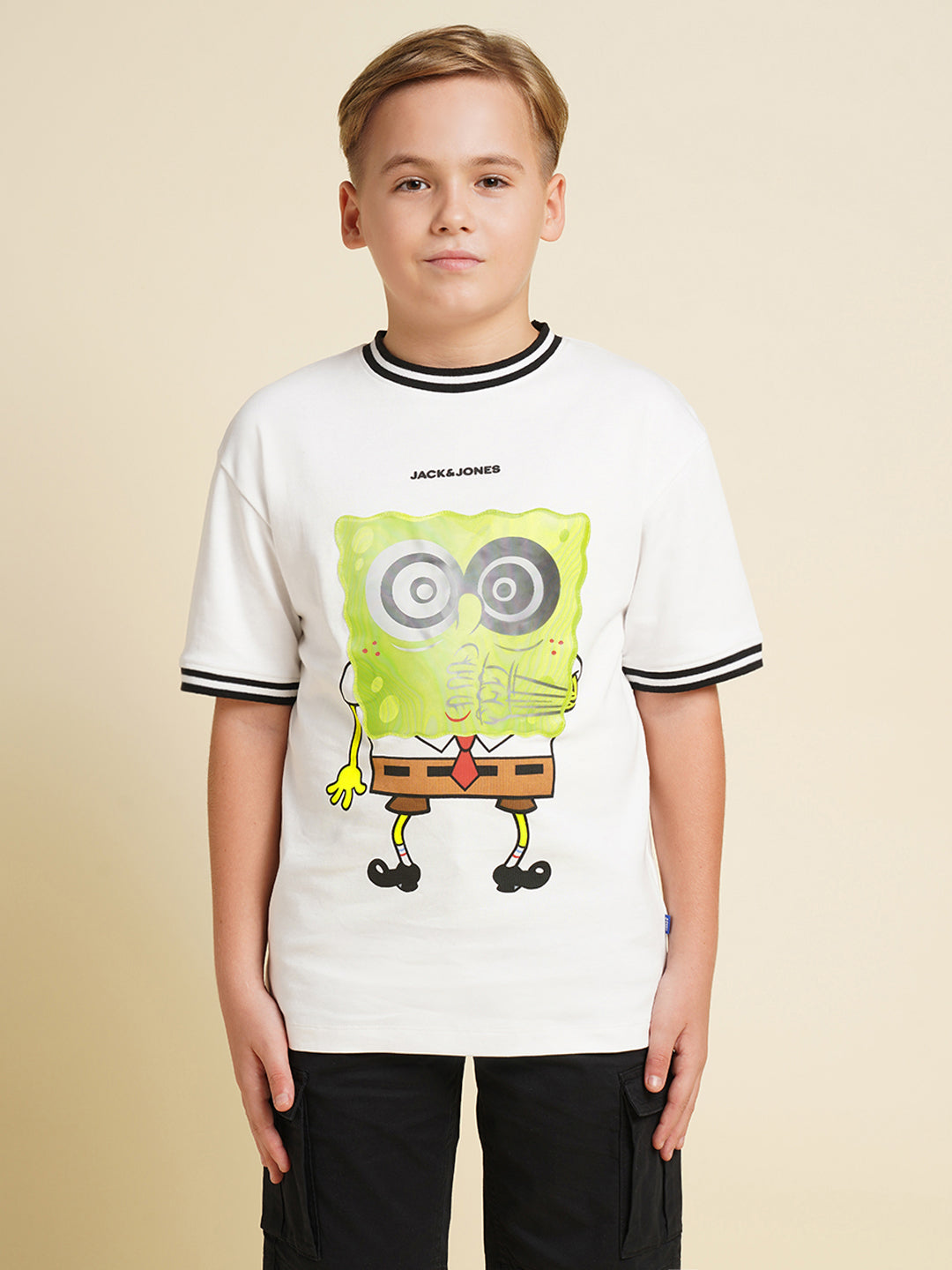 Boys Cotton Graphic Print T-Shirt With Ribbed Sleeves - White
