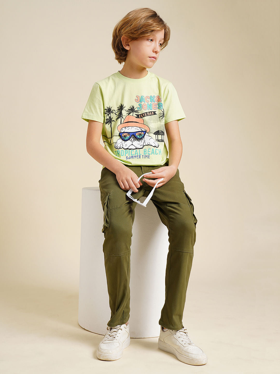 Boys Green Printed Cotton T-shirt