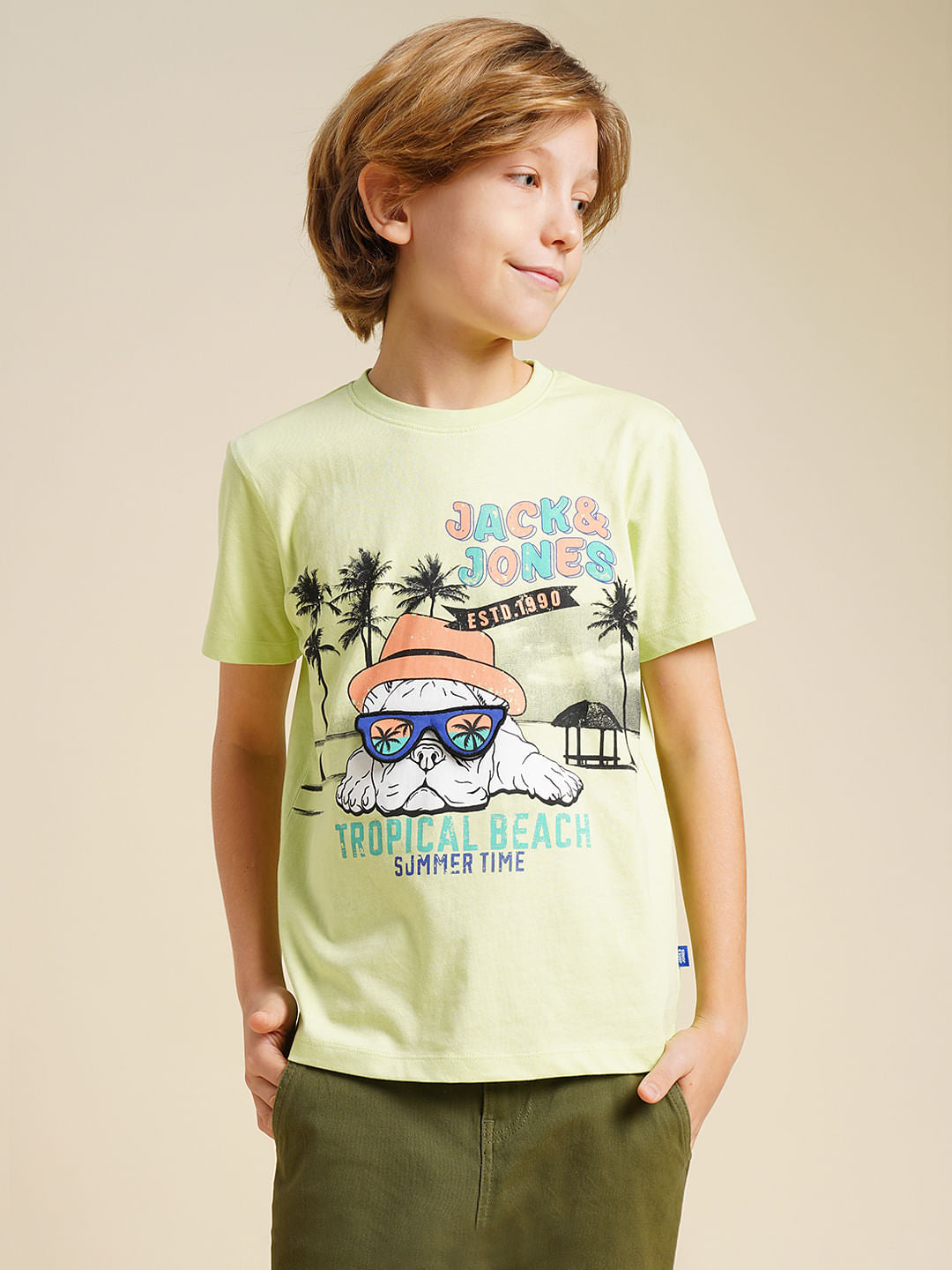 Boys Green Printed Cotton T-shirt