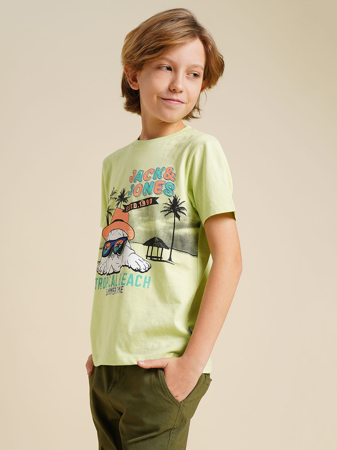 Boys Green Printed Cotton T-shirt