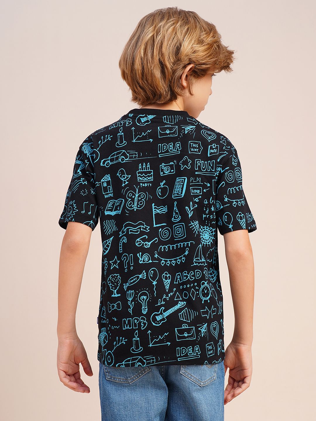 Boys Black Printed Cotton T-shirt
