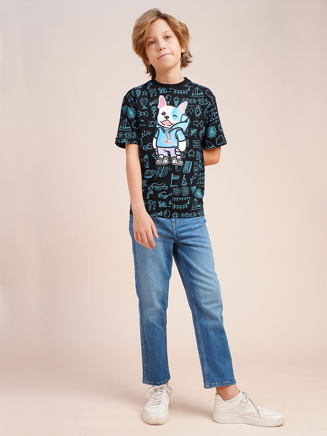 Boys Black Printed Cotton T-shirt