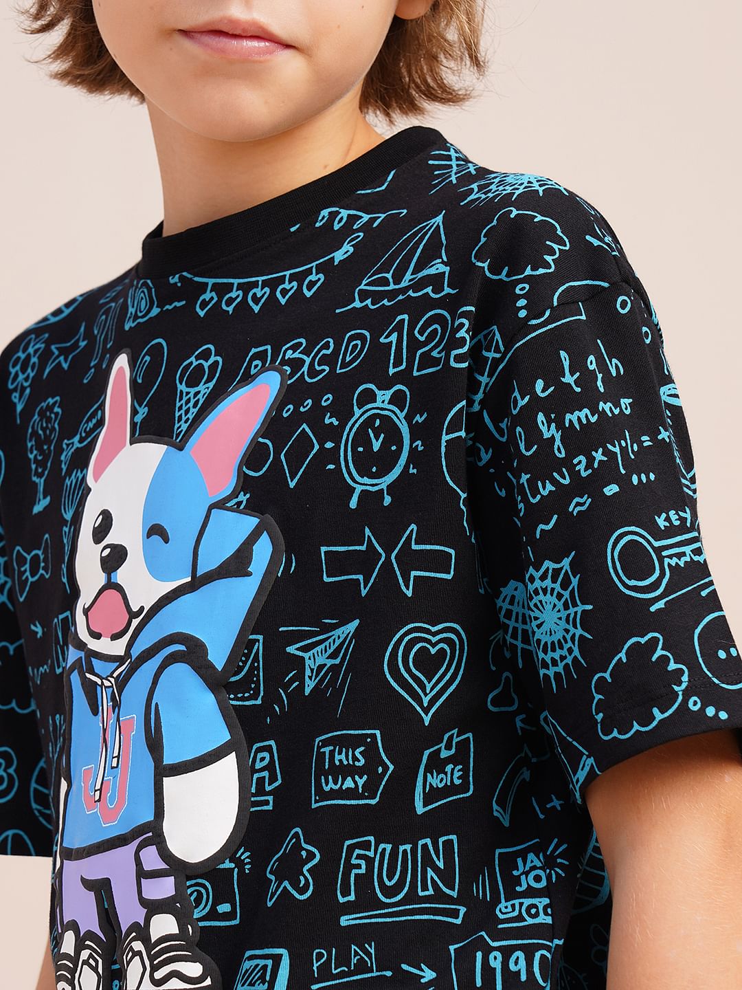 Boys Black Printed Cotton T-shirt