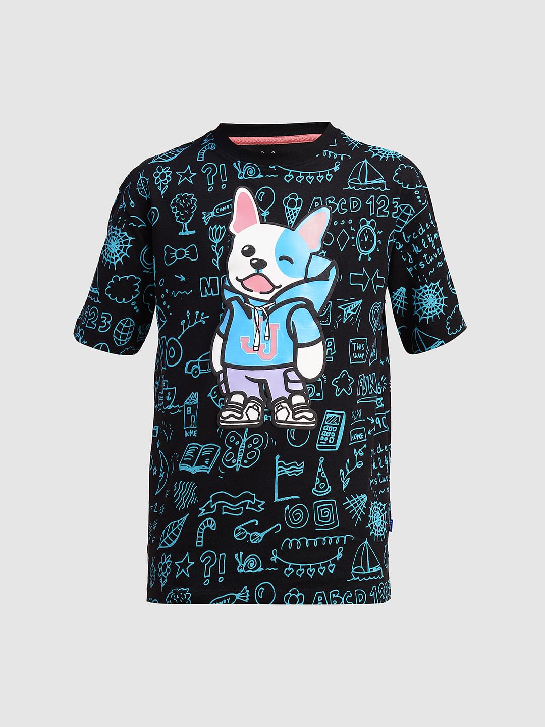 Boys Black Printed Cotton T-shirt