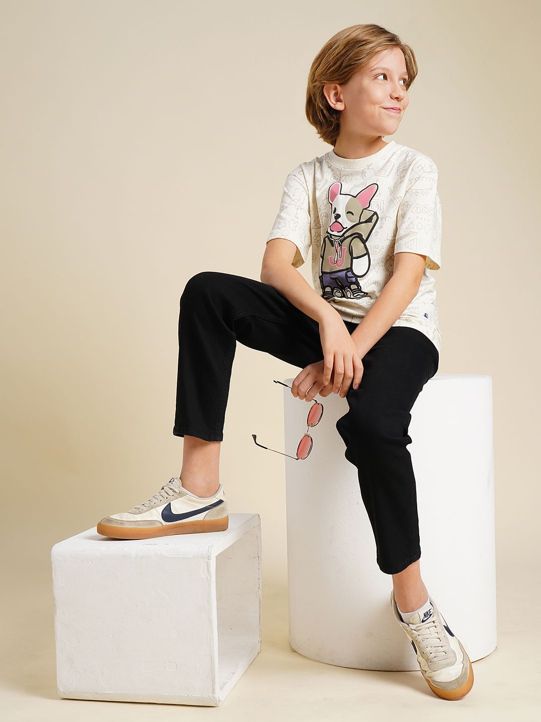 Boys Beige Printed Cotton T-shirt