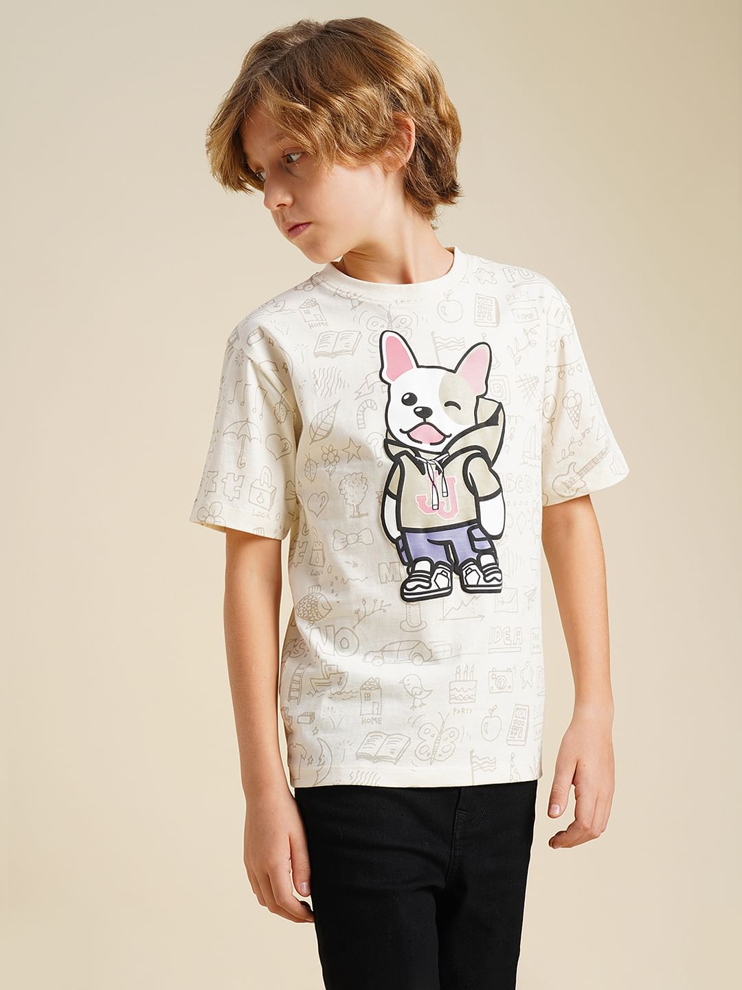 Boys Beige Printed Cotton T-shirt