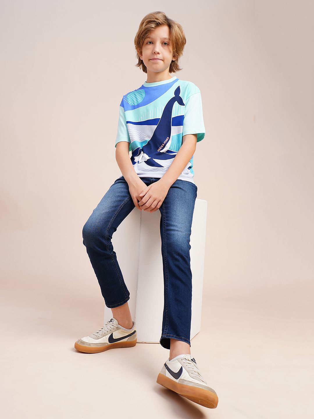 Boys Blue Whale Printed Cotton T-shirt