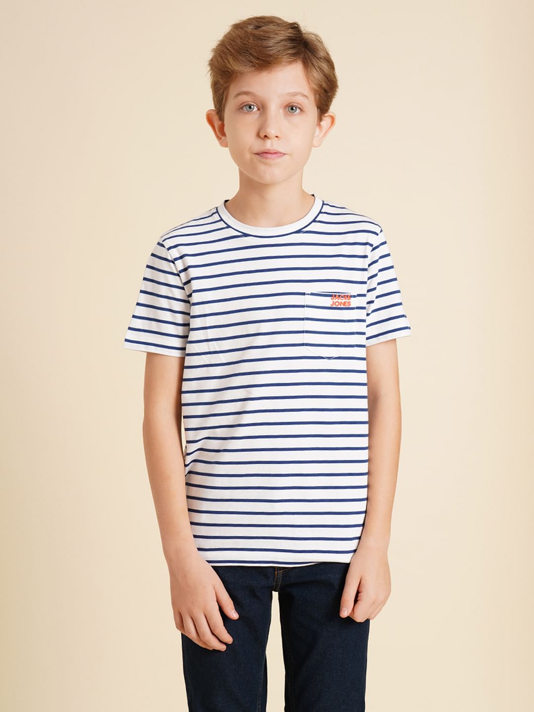 Boys White Striped Cotton T-shirt