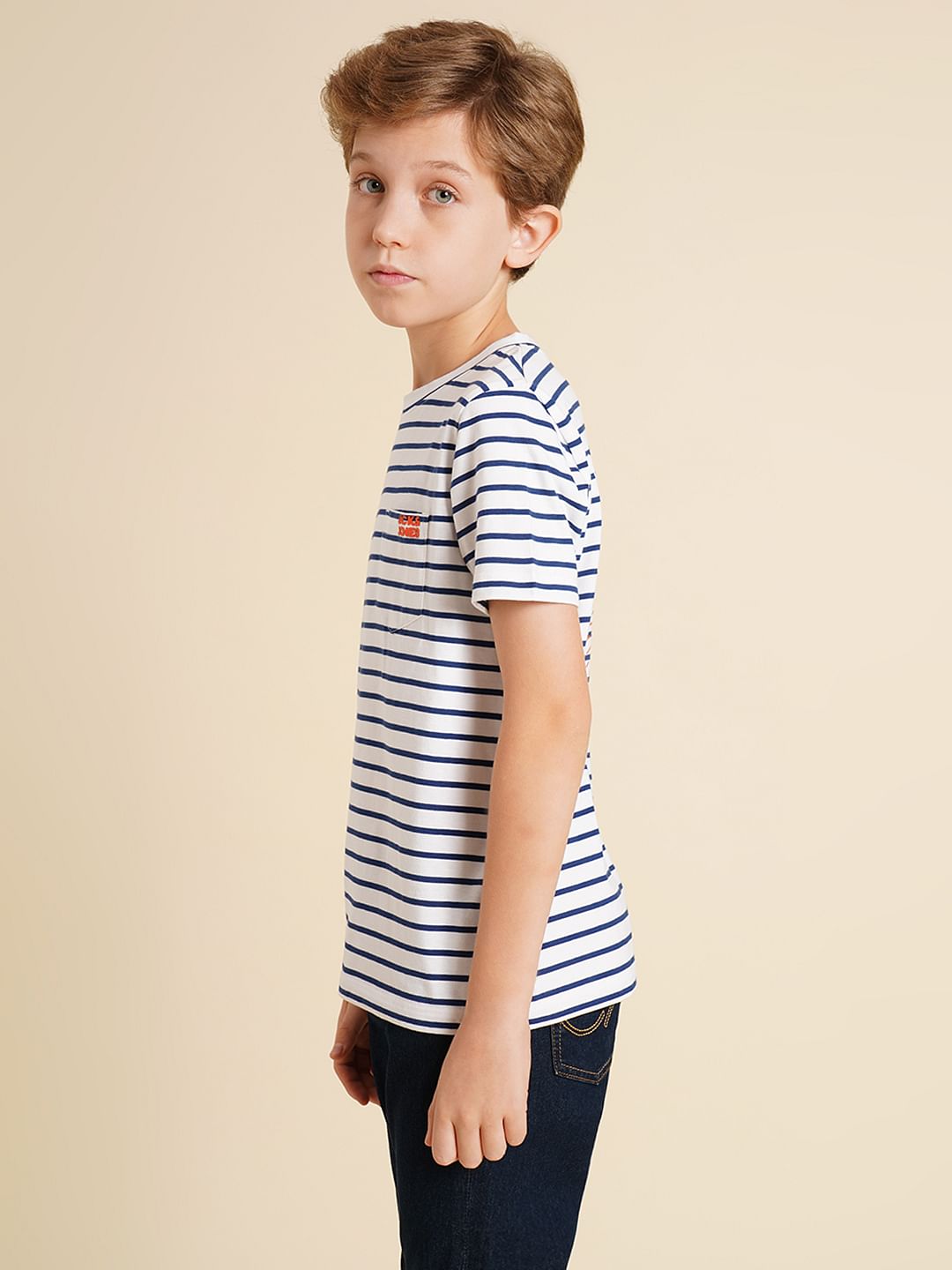 Boys White Striped Cotton T-shirt