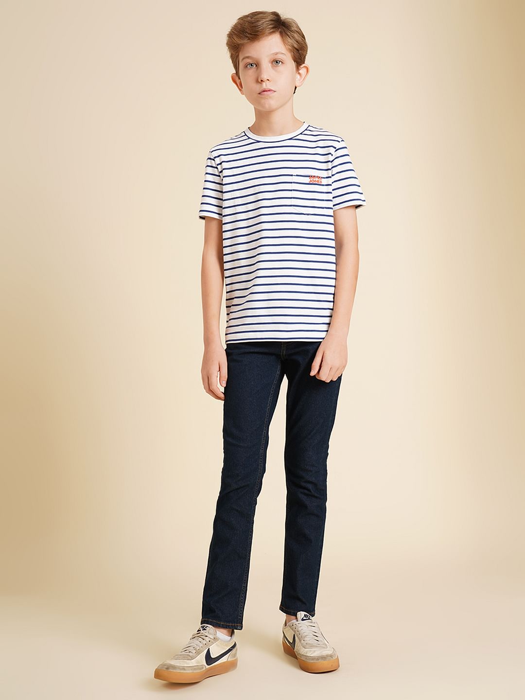 Boys White Striped Cotton T-shirt