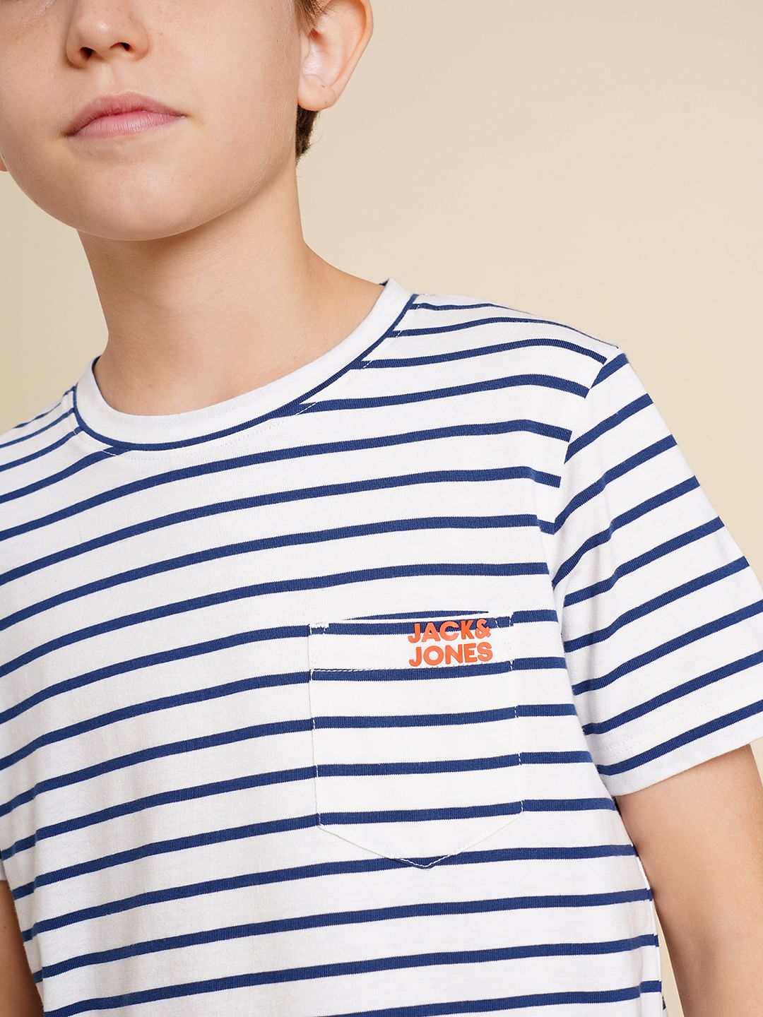 Boys White Striped Cotton T-shirt