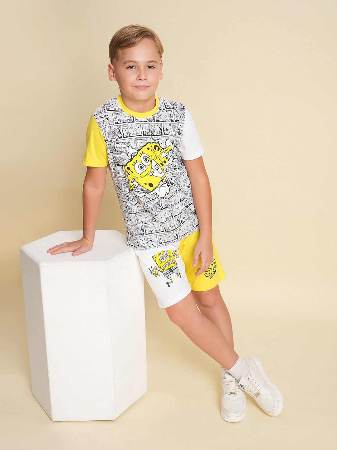 Boys Yellow SpongeBob Print Co-ord Set Shorts