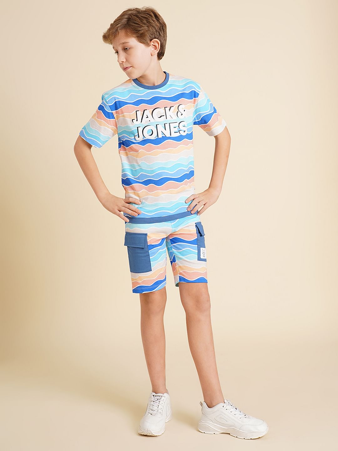 Boys Blue Printed Knitted Co-ord Set Shorts